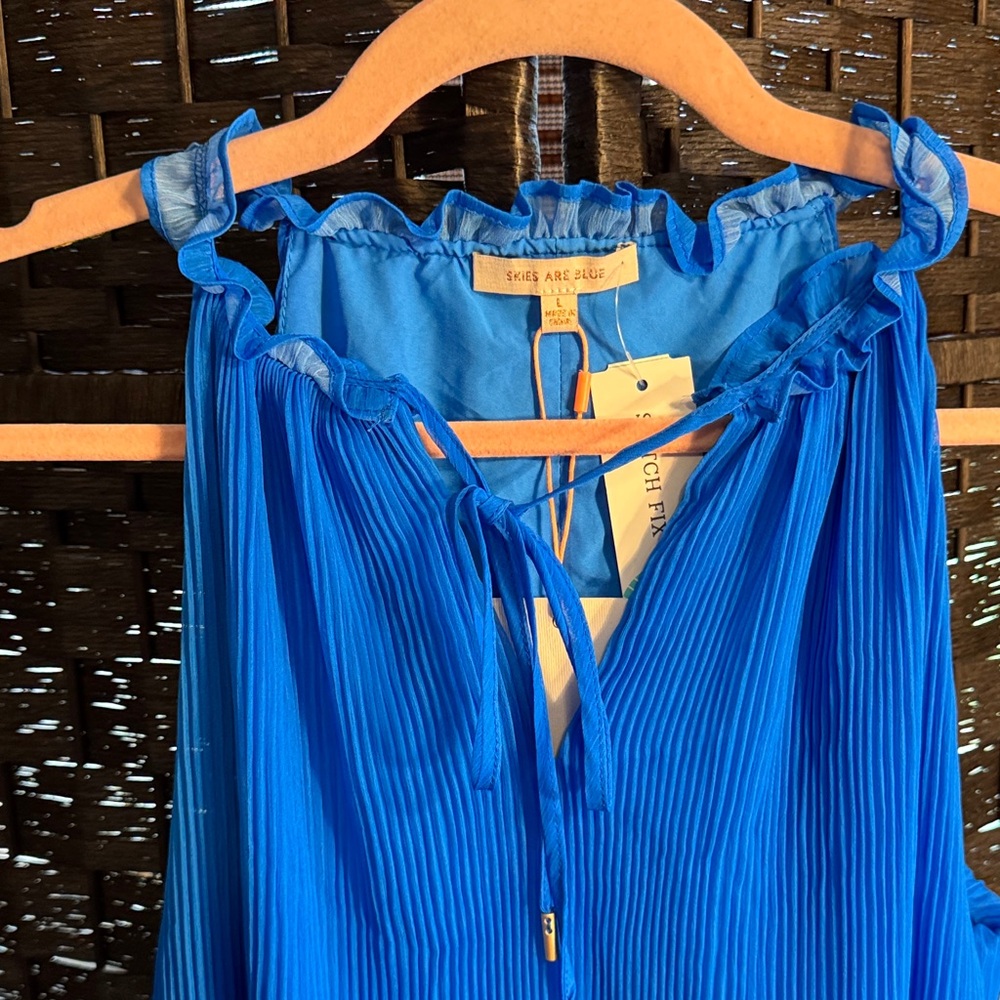Skies Are Blue Raven Halter Neck Shift Dress Blue Pleated Palm Trees Size Large - Picture 4 of 9